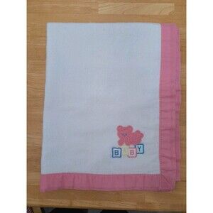 VTG Cuddle Time Baby Blanket White w/ Pink Satin Trim Bear Applique Embroidered